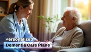 Personalized dementia care plan at home with a professional caregiver helping an elderly individual feel safe and supported.